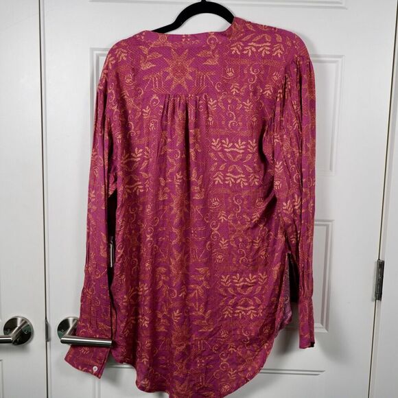 NWT Free People Mia Top S Shirt Tunic Printed Oversized Boho Pink Tie Up V-Neck - Picture 3 of 5